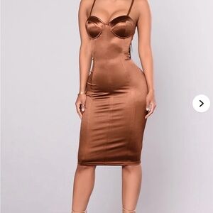 Fashion Nova Copper-Brown Satin Cup Detail Midi Dress
